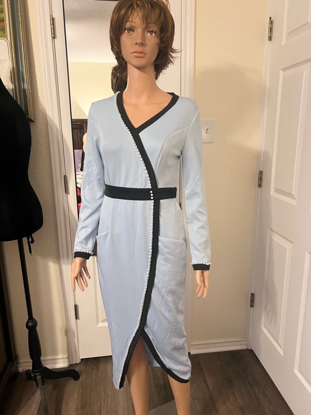 Light Blue Wrap-Style Pearl Trim Dress